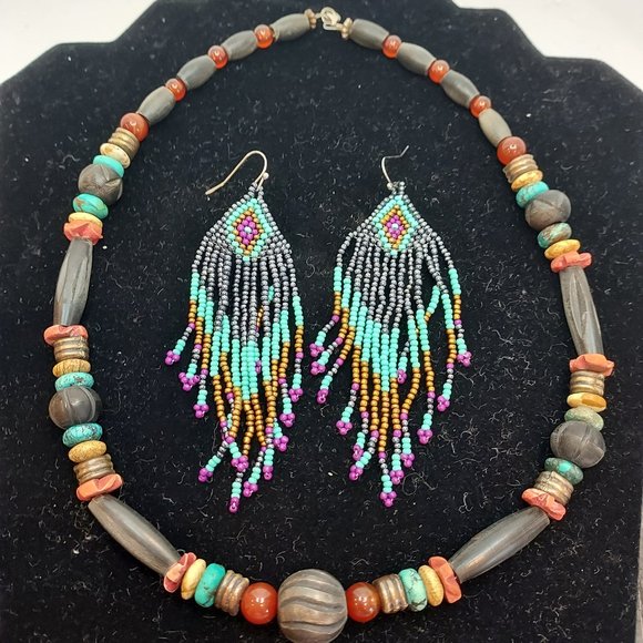 Turquoise & Beaded earring and Necklace Set - Picture 1 of 8